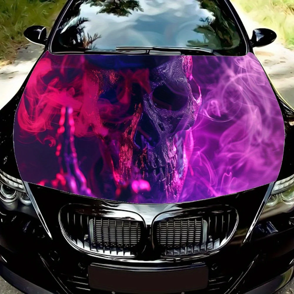 Purple Cool Skull Cowboy Hat Smoke Car Hood Wrap Color Vinyl Sticker Truck Graphic Bonnet Auto Accessories Decoration Decal Gift