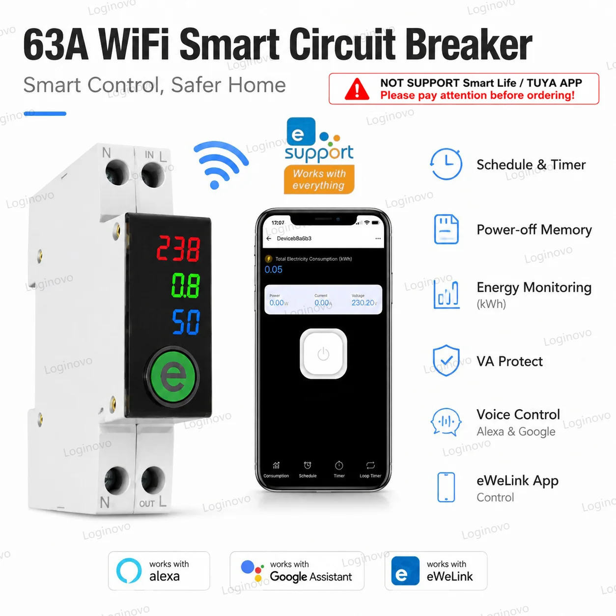 EWeLink WiFi Smart Circuit Breaker 1P 63A MCB Relay Switch Time Energy Power Meter KWh Voltage Current Protector Remote Control