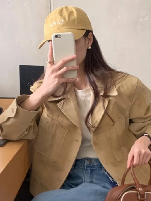 

Шикарный мягкий винтажный замшевый костюм Jaet, женская свободная верхняя одежда, осень 2021, застежка на пуговицы, чистый цвет, длина Seven Sve