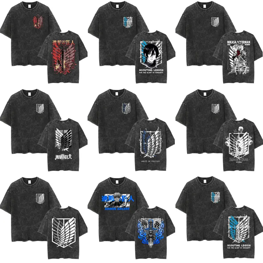 

Washed Vintage Anime Attack on Titan Eren Jaeger Mikasa Ackerman Wings of Freedom Logo Graphic T-shirt Men Fashion Casual Tshirt