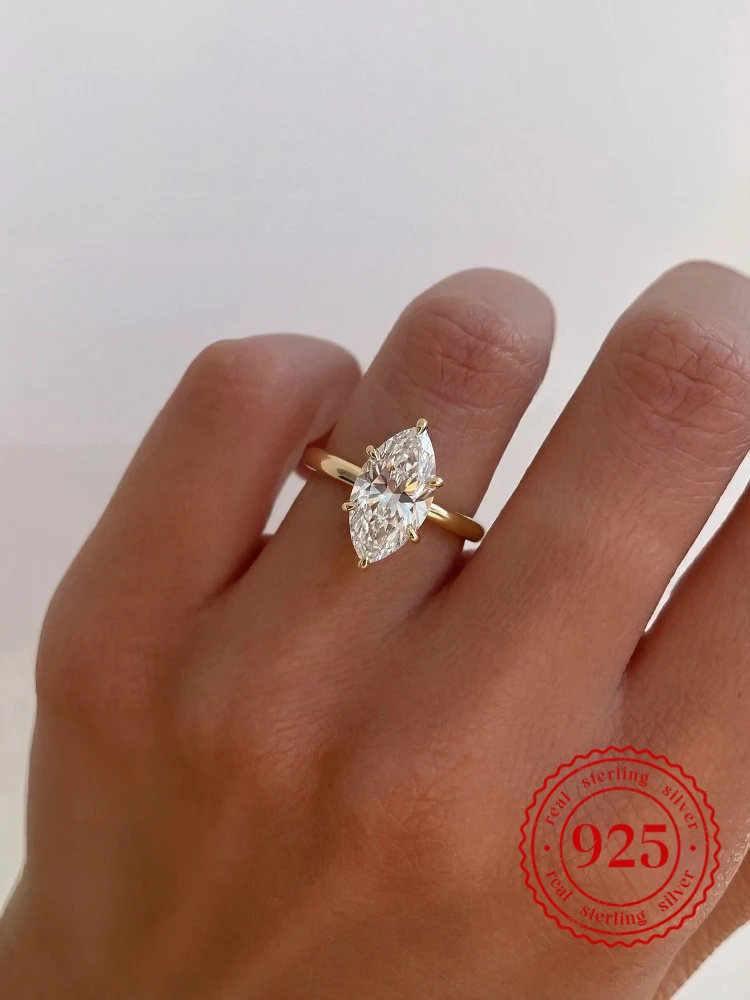Anillo de circón Marquesa clásico Simple de Plata de Ley 925 de 1-3 quilates para mujer, joyería fina de lujo de alta calidad para compromiso y boda