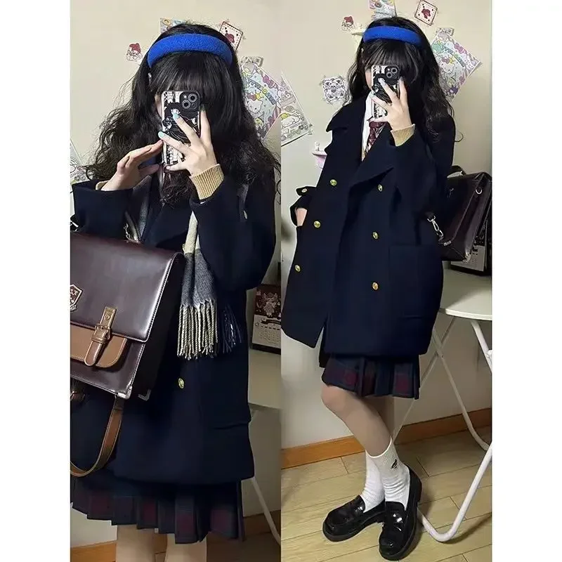 Thick Wool Coat for Women Autumn Winter Japanese JK College Style Sweet High Grade Mid Length Navy Suit Coat Women Clothing