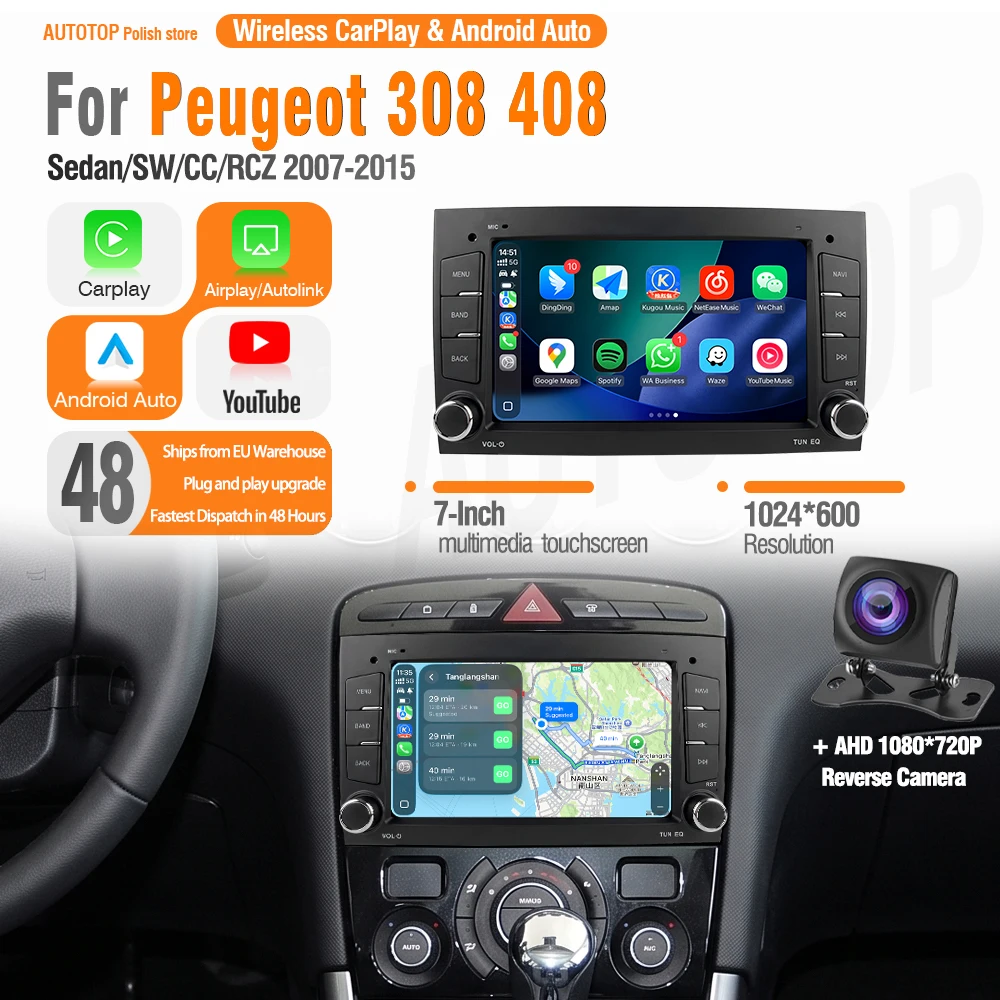 Autoradio AUTOTOP 7 pouces avec CarPlay et YouTube pour Peugeot 308 408 Berline SW CC RCZ 2007-2015, Android Auto, Navi, RDS, accessoires auto, caméra de recul