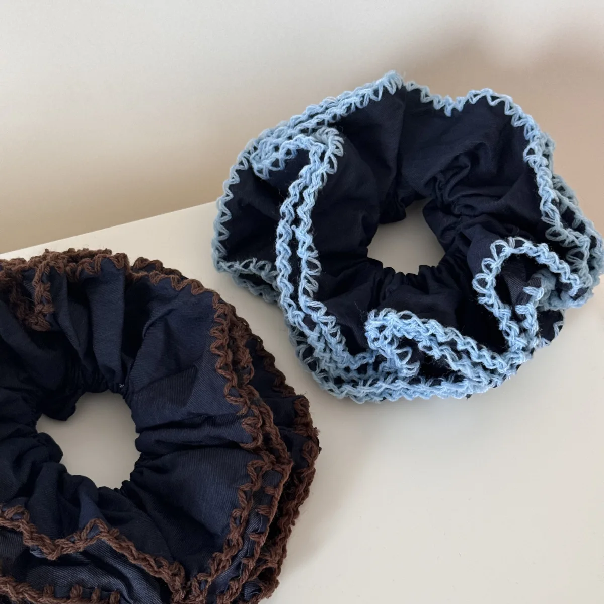 Hair Scrunchy Navy Blue Knit Lace Premium Gentle Ruffle Women Ponytail Holder Elastic Hair Tie for Home Travel Office