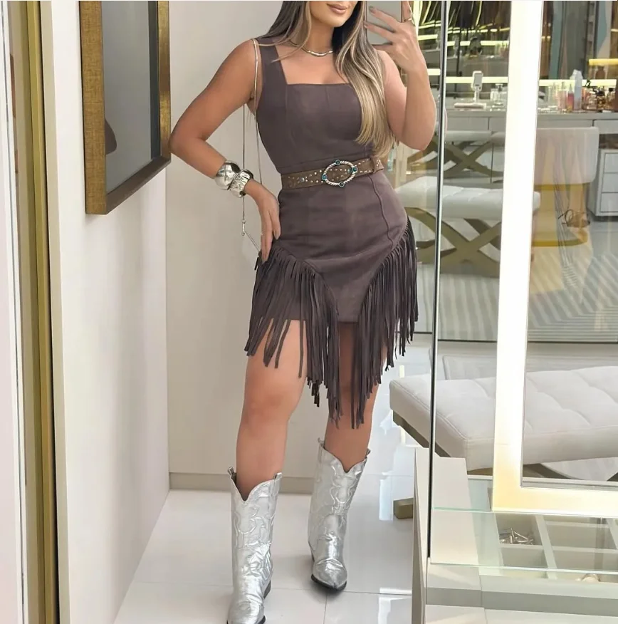 

Spring and Summer New Women's Square Collar Camisole Fringe Skirt (Excluding Belt)