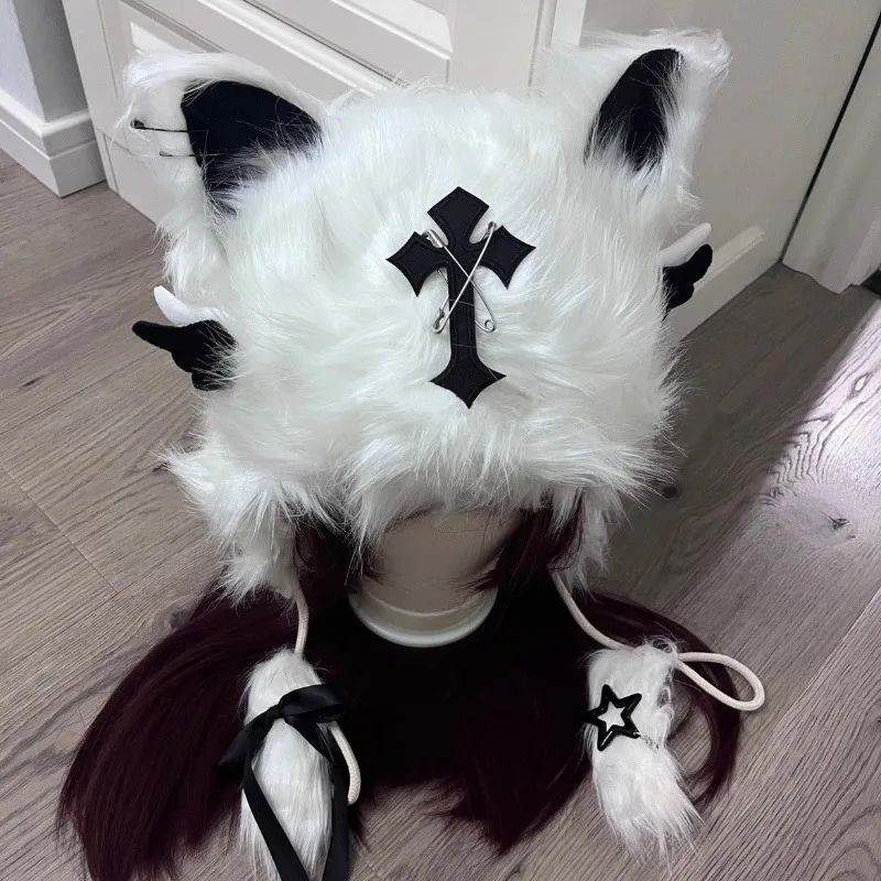 Original Y2k Subculture Alternative Fashion Gothic Style Punk Cat's Ear Plush Hat Autumn Winter Warm Cross Wings Yaby Cool Hat