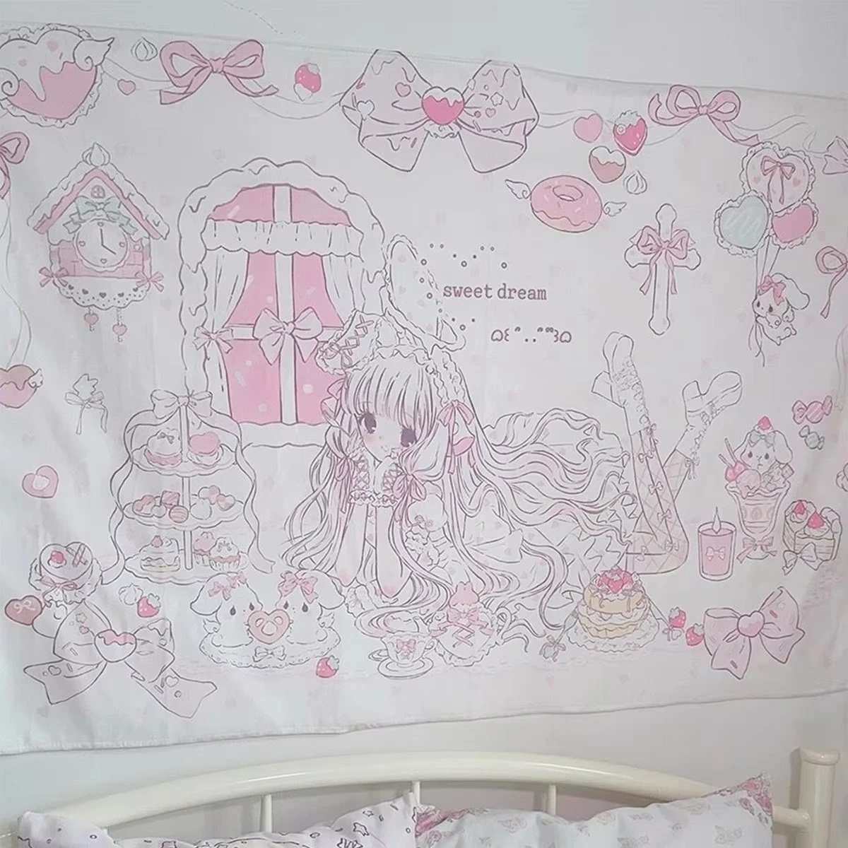 VIKAMA Sweet Dream Tapestry Cake Bow Pink Purple Heart Bedroom Girl's Room Decor Dreamy Healing Style Wall Decoration