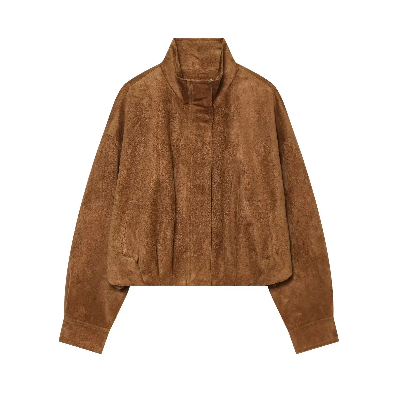 Maxdutti 2026 Fashion European And American New Product Suede Texture Jacket Unique Stand Up Collar Zipper Long Sleeve Coat