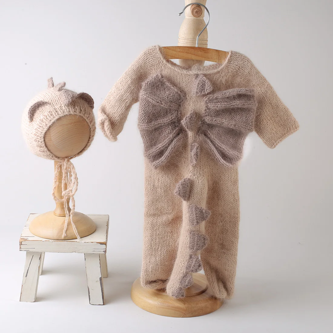 

Винтажный вязаный эластичный мохеровый комбинезон с динозавром, детская одежда, реквизит для фотосессии новорожденных, вязаная крючком детская одежда, комплект шапок для фотосессии