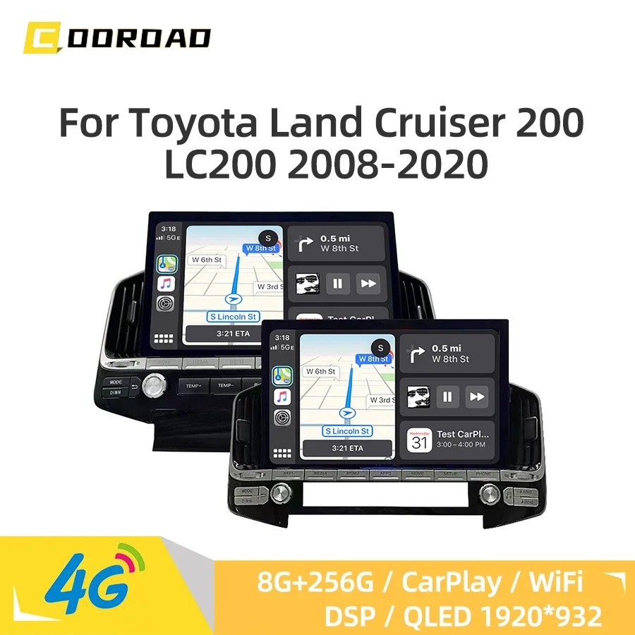 8G 256G Android 14.0 Car Radio CarPlay GPS Navigation 4G WiFi RDS Multimedia Player For Toyota Land Cruiser 200 LC200 2008-2020