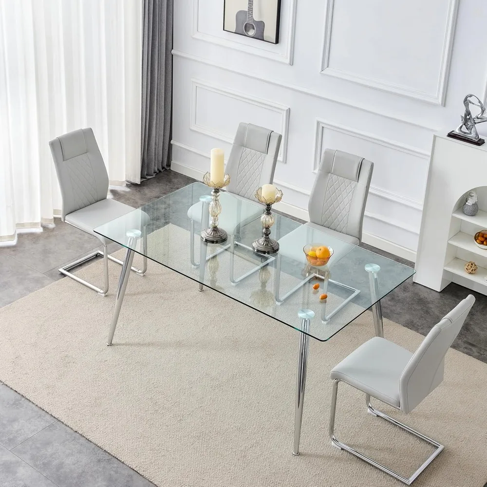 Glass Dining Table Set for 4, Modern Kitchen Table and Chairs Set for 4, 51" Glass Dining Room Table Set with PU Leather Chairs