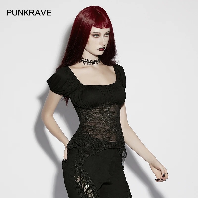 PUNK RAVE Women's Gothic Knitted Lace  Square Neckline Chest Pleats T-shirt Sexy Atmosphere Irregular Cutting Tops Summer