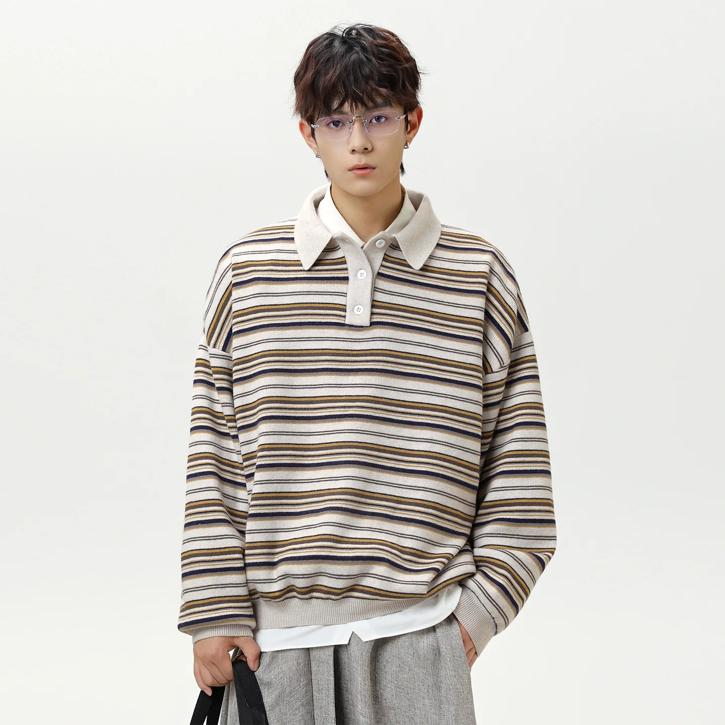 

2025 Retro Stripe Collar Sweater Men's Autumn Style Texture Warm Polo Knitted Sweater Loose Casual Long Sleeve T-shirt