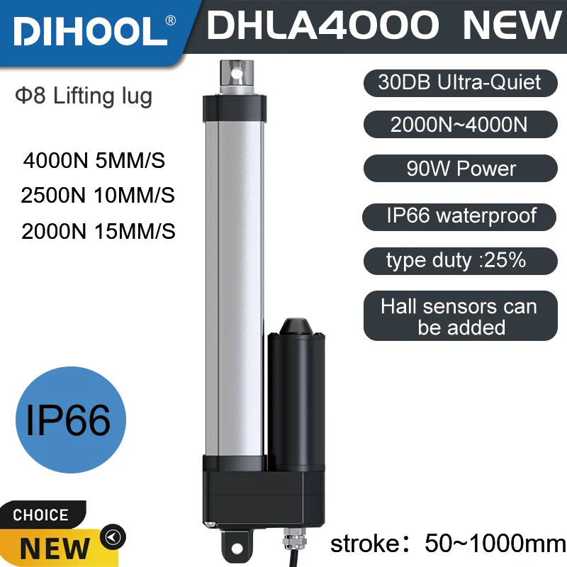 

DHLA4000 Electric Linear Actuator IP66 DC Motor 50MM 150mm 200mm 500mm 850mm 1000mm Stroke Stainless steel telescopic inner tube