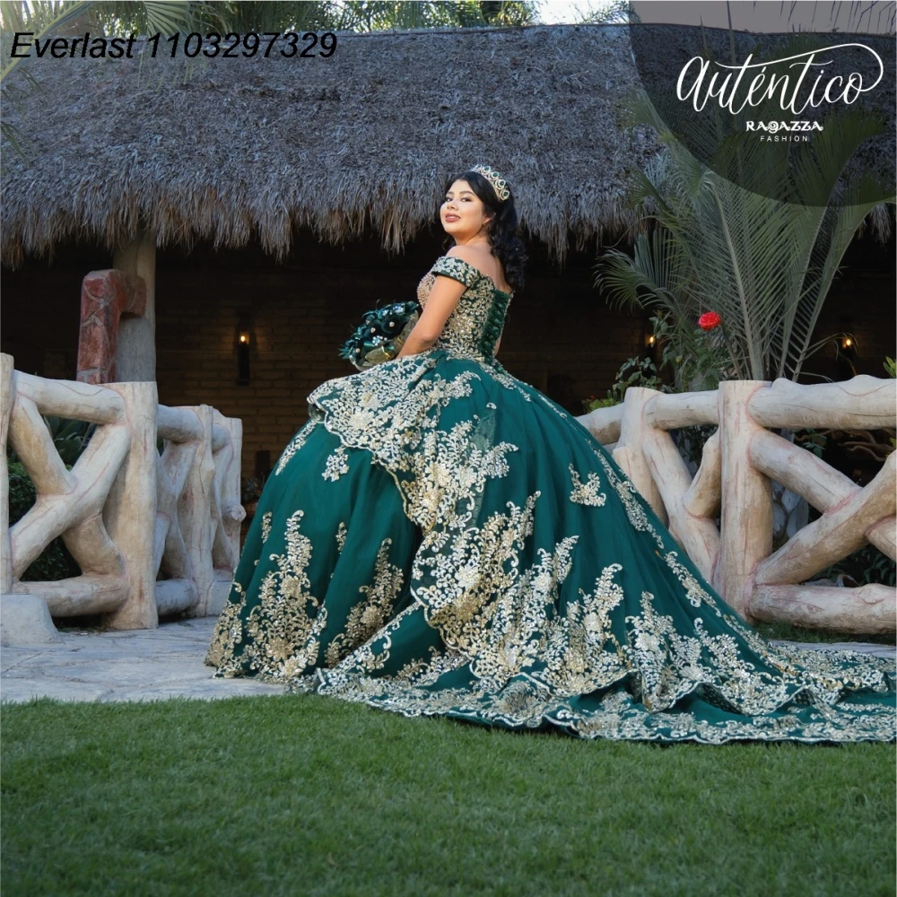 EVLAST Customized Green Quinceanera Dress Ball Gown Gold Lace Applique Beading Tiered Corset Sweet 16 Vestido De 15 Anos TQD912