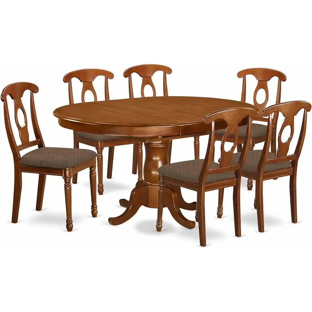 7 Piece Dining Table Set Oval Wooden Table Butterfly Leaf 6 Linen Chairs Comfortable Kitchen Furniture