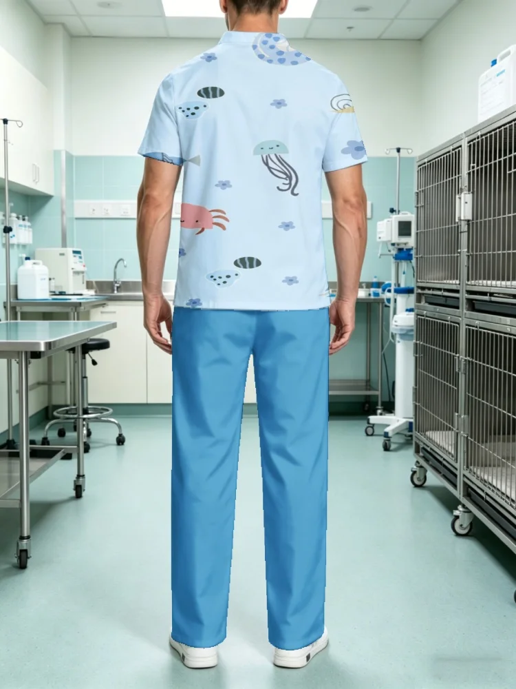 Men's Zipper Collar Scrub Top Cute Space Dinosaur UFO Print Short Sleeve Medical Uniform T-Shirt for Vet Clinic Hospital Work view 5