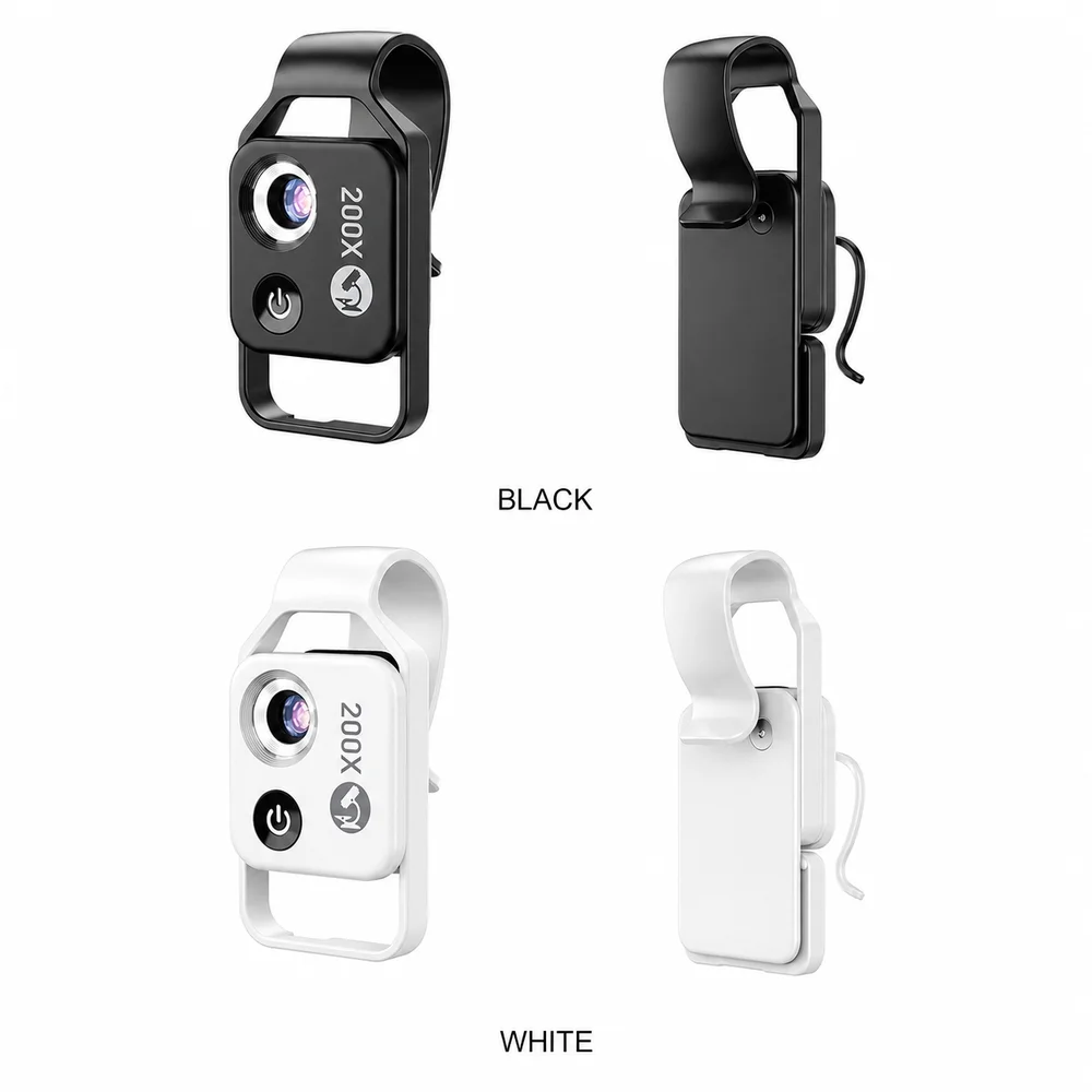 Portable 200X Phone Microscope with Adjustable LED Fill Light, Clip-On Macro Lens for Coins, Plants, Textiles and Jewelry