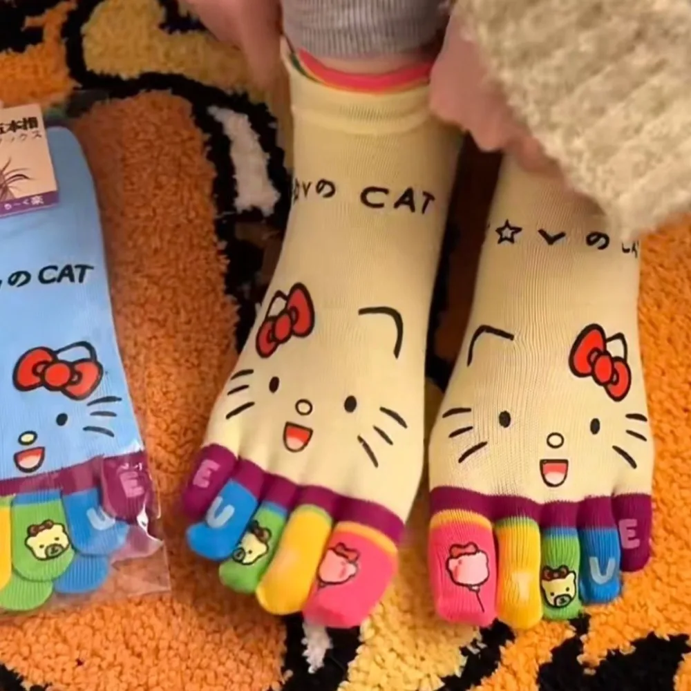 Sanrio Hello Kitty Socks Anime Five Finger Socks Cute Cartoon Cotton Y2K Soft Comfortable Floor Sock Kawaii Socks Girl Gift