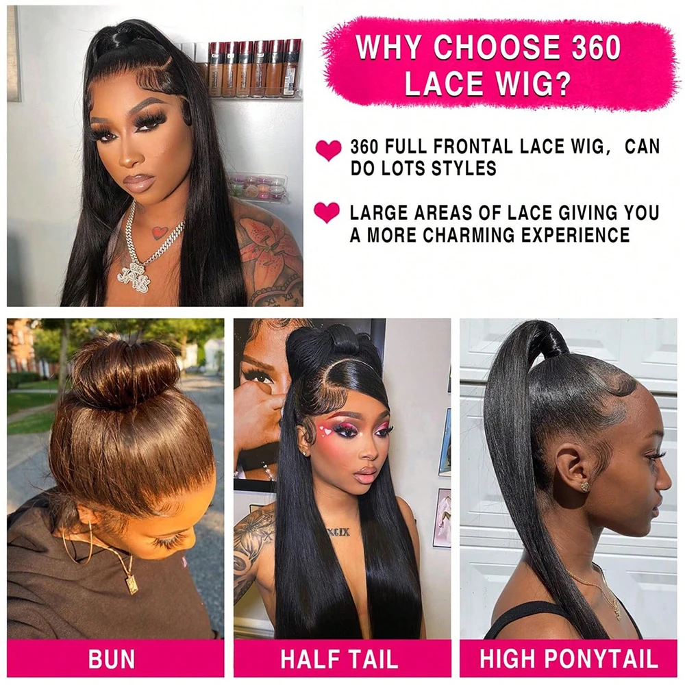 360 شعر مستعار دانتيل كامل 200 كثافة طبيعي أسود مستقيم 360 شفاف دانتيل أمامي خصلات الشعر المستعار البرازيلي الإنسان قبل قطعها للنساء