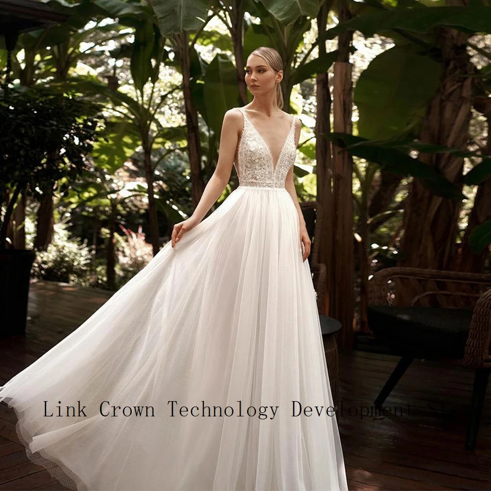 

Simple A Line Wedding Dresses Sleeveless V-Neck Soft Tulle Bride Gown with Lace A-Line Ivory Exquisite Vestidos De Novia