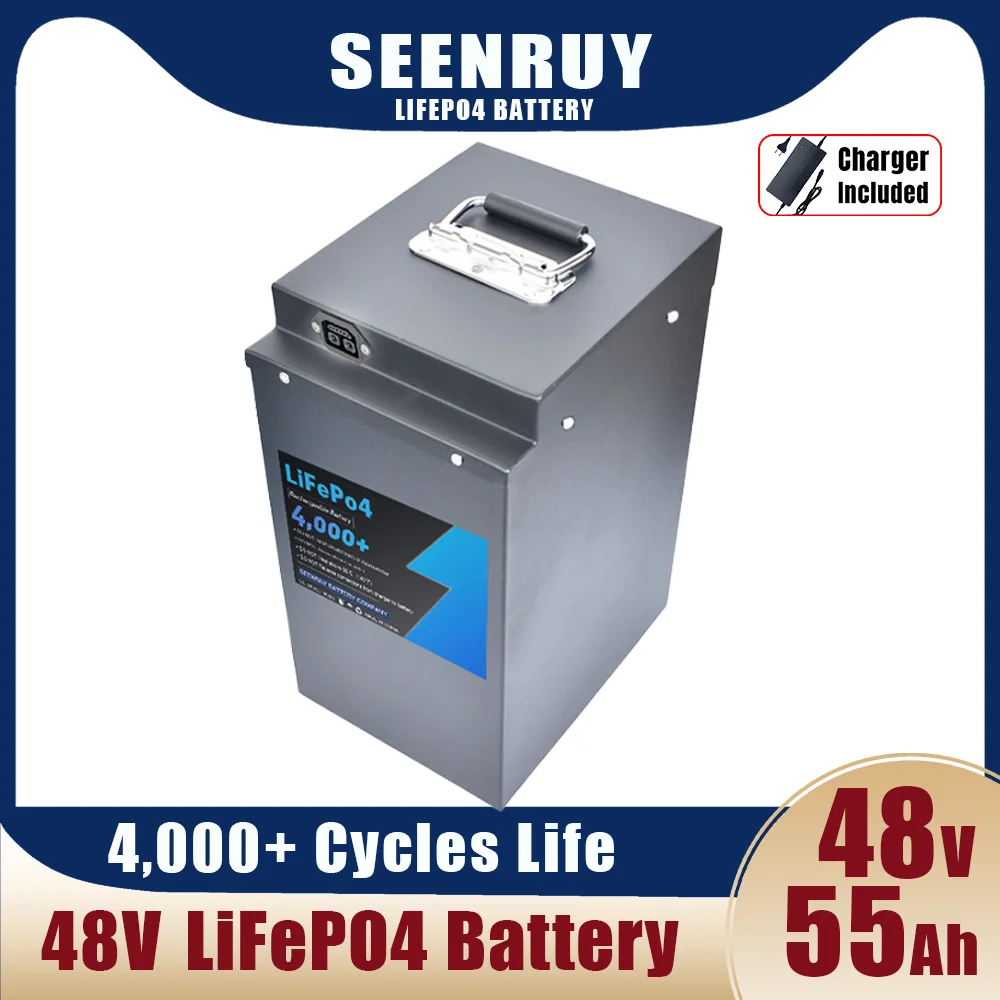 48V 55Ah Lifepo4 Battery Pack Built-in 50A BMS for 2000W Solar System Rickshaw Go-Kart Tricycle Motorcycle with Charger