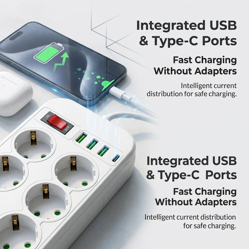 EU AC Plug 1500W 6 AC Power Strip with 3 USB 1PD Port 2M Extension Cord for Home Office Dormitory Filter Adapter Multitap Socket - view 2
