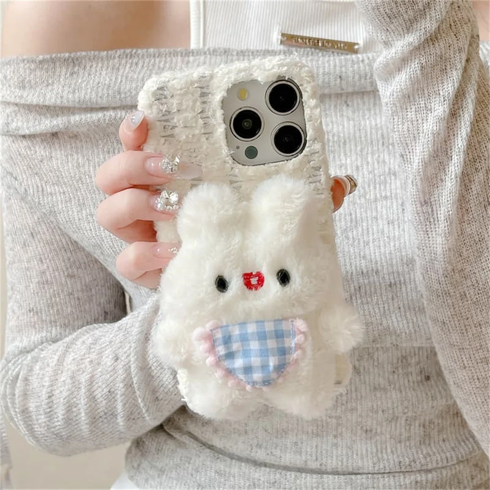 Korea Cartoon Ins white 3D Rabbit Phone Case For iPhone 18 Pro 14 15 16 17 Pro Max Cover Shockproof Cute Plush Cases 18 Promax