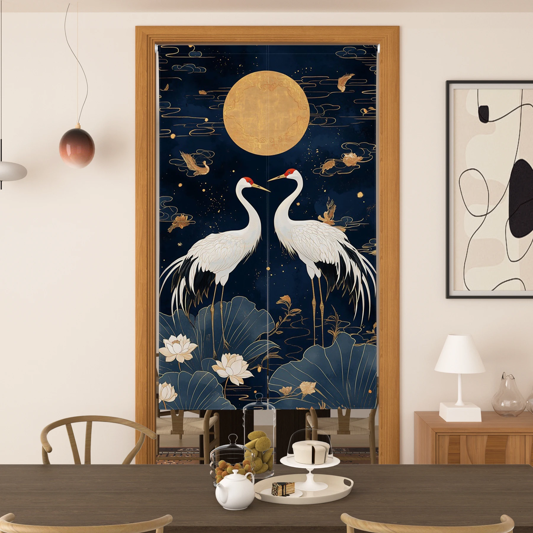 Japanese White Crane Lotus Noren Door Curtain Blue White Design for Bedroom Study Room Tea Room Traditional Japan Short Curtains