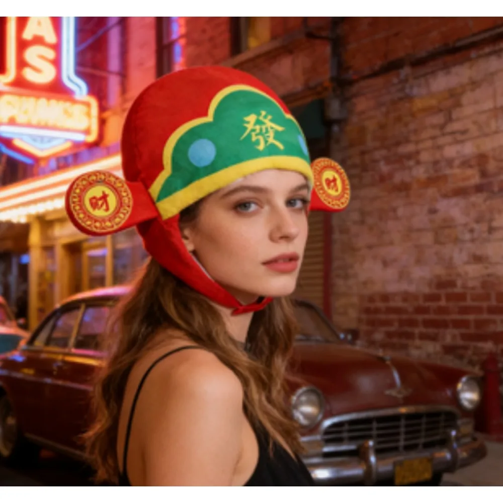 PESENAR Lucky God of Wealth Costume Hat, Red Plush Fortune Hat with 