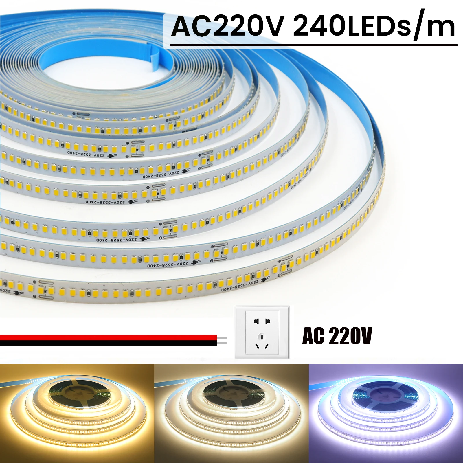 

AC 220V LED Strip 2835 240Leds/M IP44 3000K 4000K 7000K Home Decor 5M 10M 20M Flexible Ribbon Self Adhesive Chain Strip Light