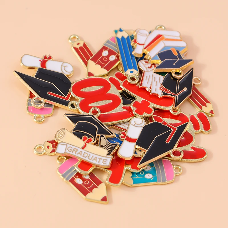 

20pcs Cute Graduation Charms Enamel Pencil Trencher Cap Charms Pendants for Jewelry Making DIY Necklaces Earrings Accessories