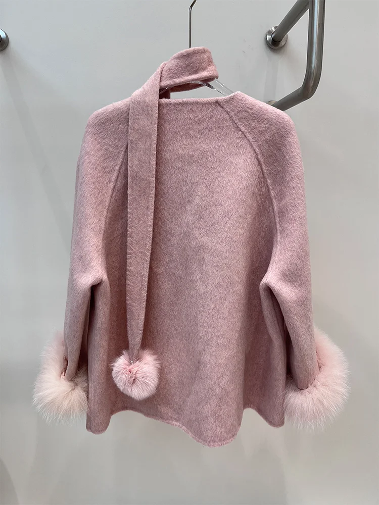 2025 Winter Warm Natuurlijk Echt Bont Vossenbont Manchetten Jas Kasjmier Warme Wollen Wollen Vrouwen Jas Uitloper Vrouwelijke Jas