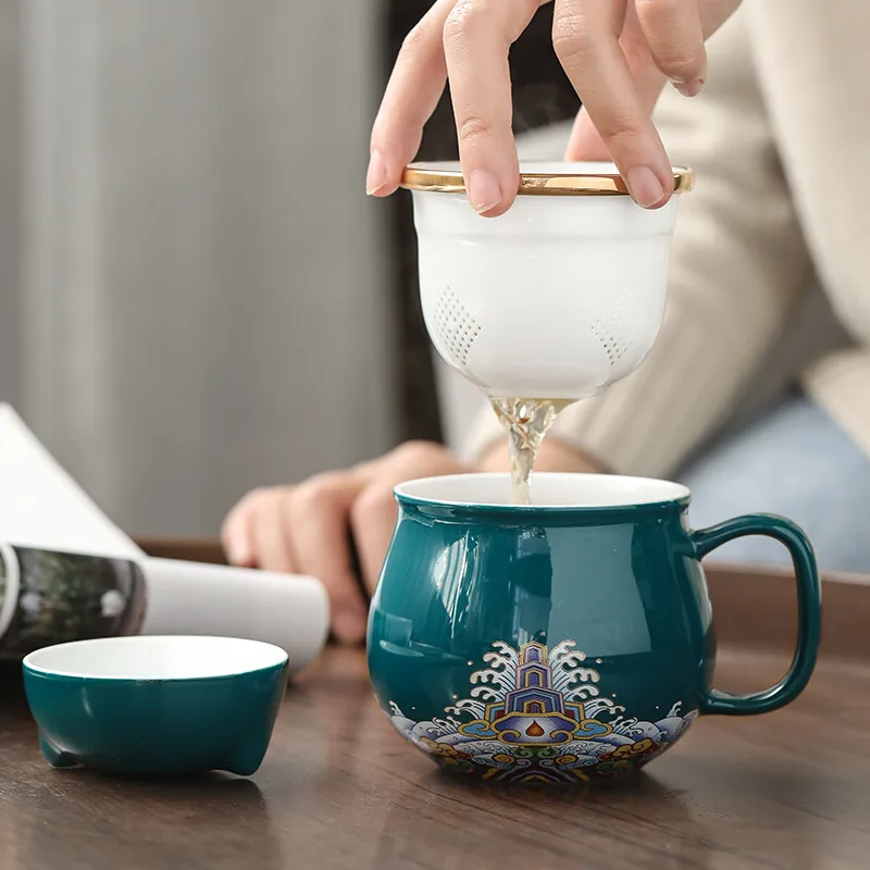 Ceramic Lucky Cat Tea Cup Tea Water Separation Mug with Lid Filter Creative Animal Shape Office Coffee Drinking Cup