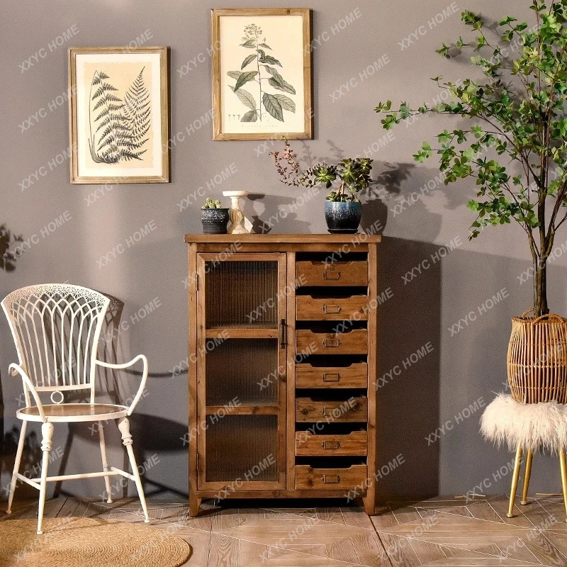 A  American retro solid wood chest household living room wall locker small apartment bedroom seven buckets