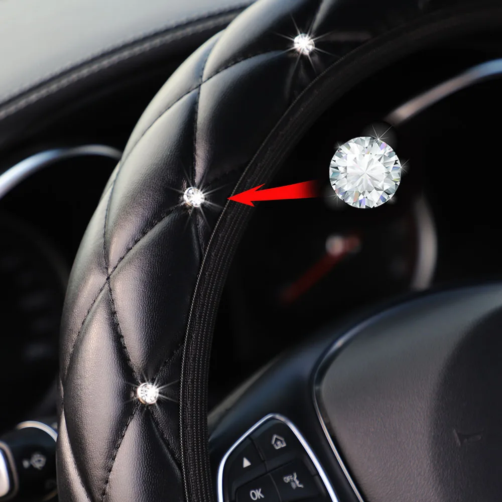 Weiche Leder-Lenkradabdeckung mit Diamantbesetzter Krone und Bling-Bling-Effekt ohne Innenring, Geeignet für 14,5 - 15 Zoll Autozubehör – Detail 2
