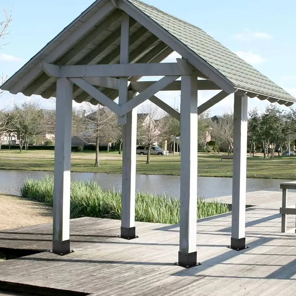 Outdoor Construction Rust Proof Metal Brackets Heavy Duty Black Wooden Post Base Durability Pergolas Support Deck Railing