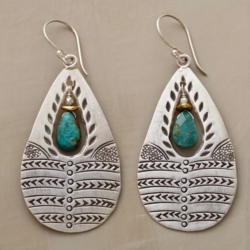 Retro Ethnic Turquoise Pendant Earrings Western Bohemian Pattern Teardrop Earrings for Women Jewelry Wholesale