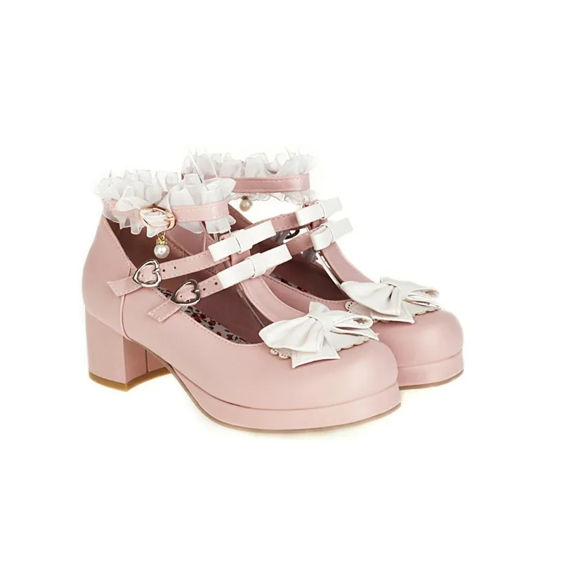 Sweet Lolita Bowknot Lace Shoes Women High Heel Bordered Princess Dress Men Pink Plus Size 34-48