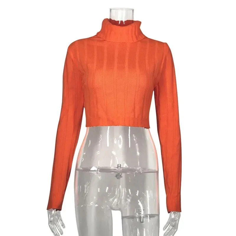 Neon Arancione Rosa Dolcevita Crop Maglione Donna 2023 Autunno Inverno Vestiti Rosa Rosso Pullover lavorato a maglia Maglione di colore solido Magliette e camicette