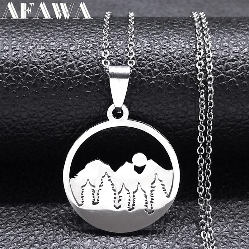 

Natural Desert Scenery Mountains Forest Necklace for Women Men Stainless Steel Scene Sunrise Necklaces Jewelry collar N7244S02