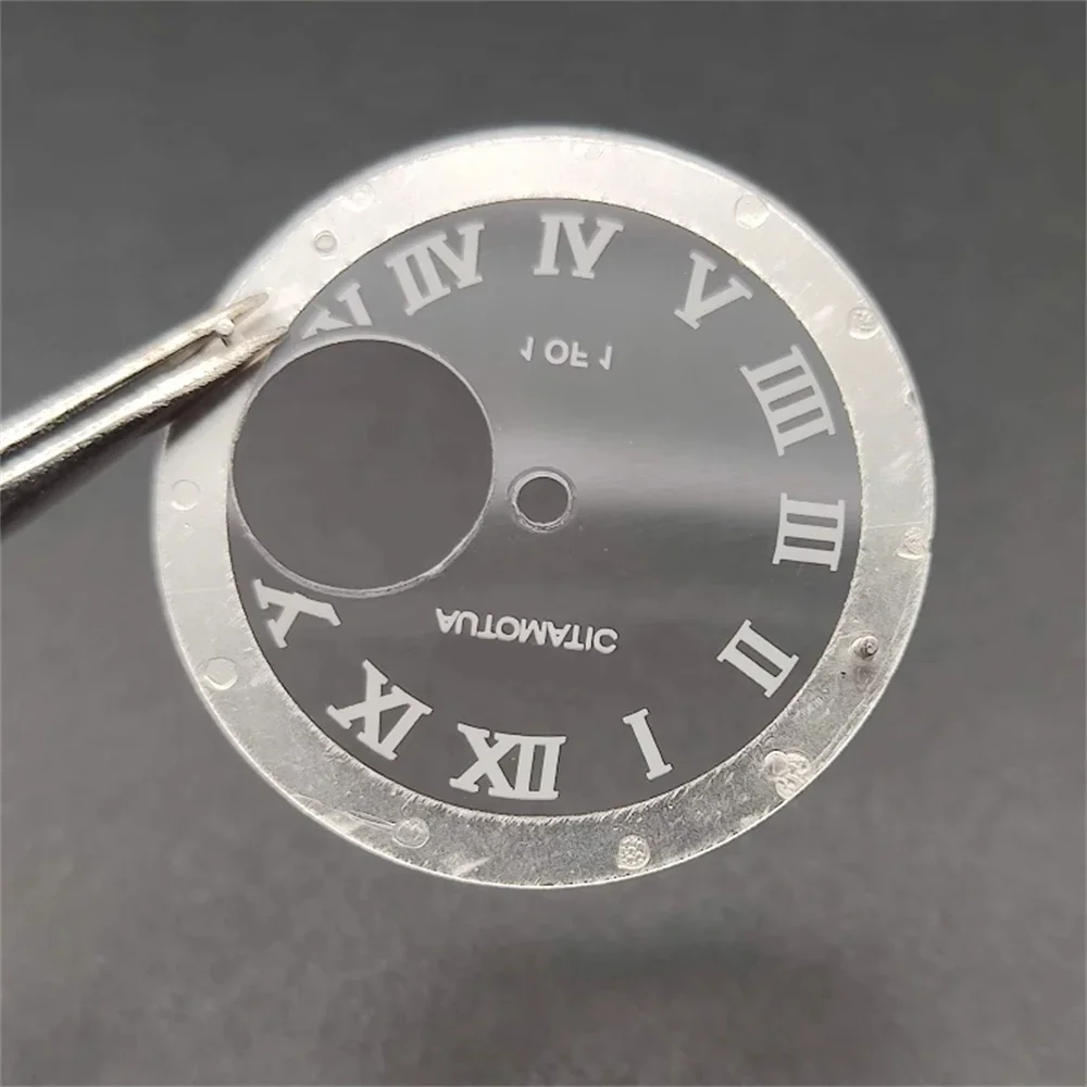 หน้าปัด NH38 28.5มม. ตัวเลขโรมันหน้าปัด Jam Tangan Hollow ใสหน้าปัดสีเขียวเข้มหน้าปัด NH38เคลื่อนไหวกลไกใหม่ DIY