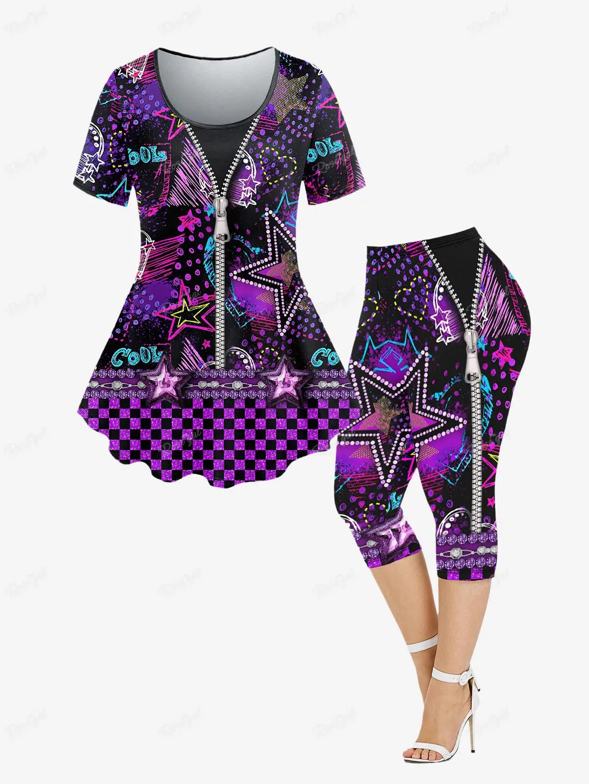 Plus Size damskie garnitury 3D z pentagramem z kolorowe drukowane na zamek błyskawiczny t-shirt lub legginsy pasujące do strojów spodnie ołówkowe