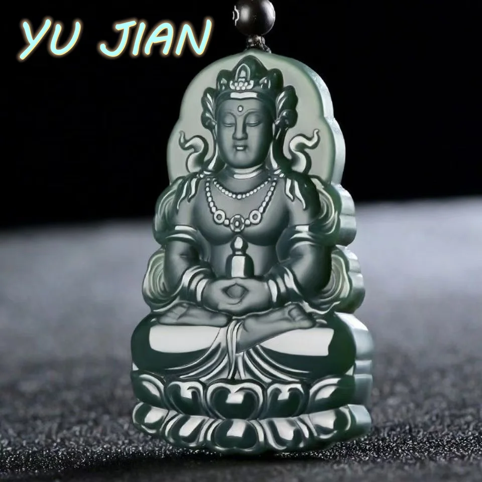 

Hetian Jade Carved Tara Guanyin Black Green Pendant Natural Emerald Necklace Men Women