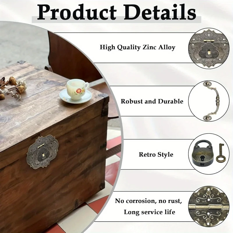 1Set Retro Locking Carrying Handle Hinge Kit + Screws | Furniture Hardware for DIY Jewelry Box Decorative Accessory