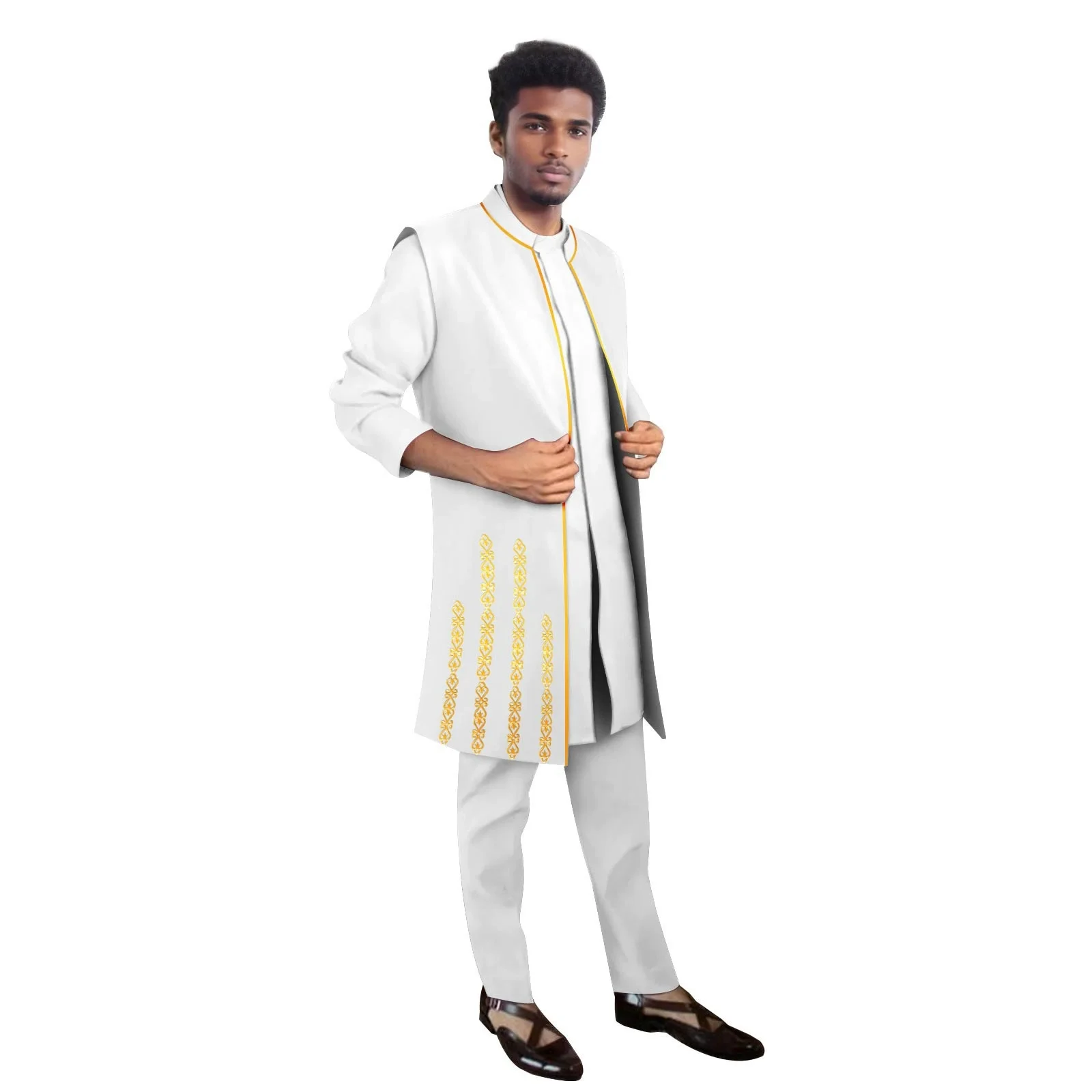 New African Men Suits High Quality Set Stand Collar Embroidery Jacket Shirt and Trousers Custom Wedding Gown Fomral Wear Outfits