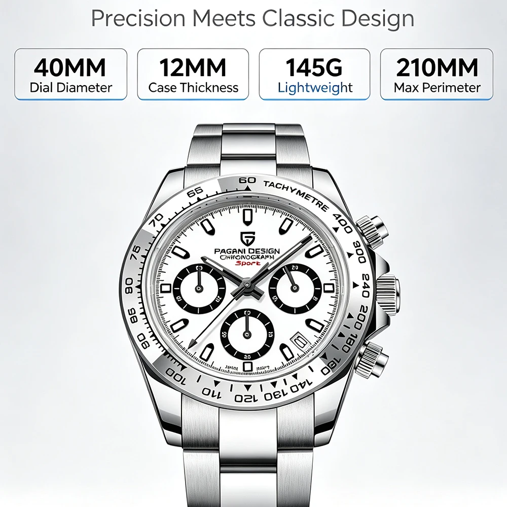 PAGANI DESIGN Men Quartz Watch Panda Dial Japan TMI VK63 Chronograph Sapphire 100M Waterproof Stainless 40mm Sport Wristwatch