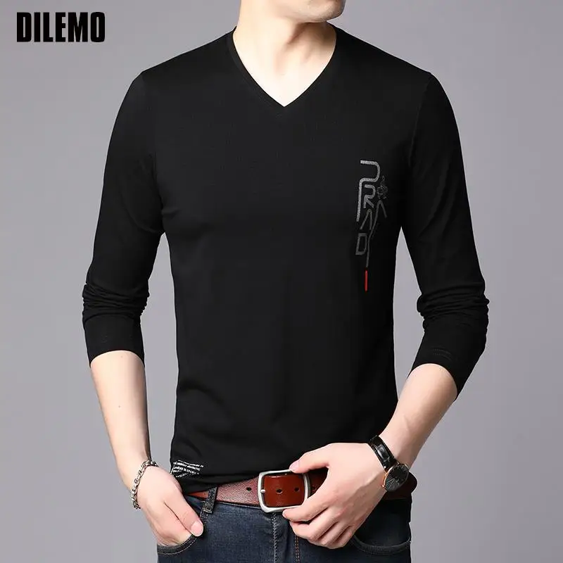 95% Cotton Top Quality Designer New Brand Urban V Neck Mens t Shirts Fashion 2023 Trending Long Sleeve Tops Casual Men Clothes