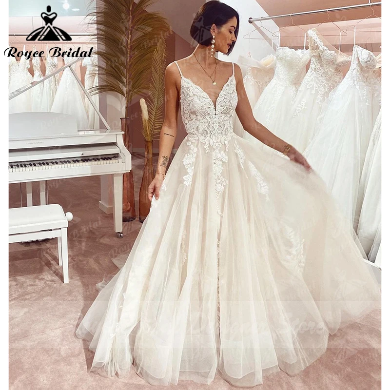 Vestido de novia bohemio personalizado, apliques de encaje, cuentas florales, espalda descubierta, tirantes finos, vestidos de novia, estido de noiva praiano 2025