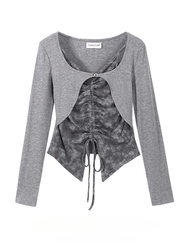 

Hot Girl American Fake Two-piece Long-sleeved T-shirt Women's Spring Autumn V-neck Pleated Lace-up Slimming Casual Pullover Tops
